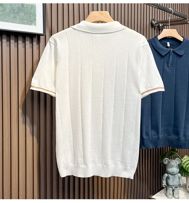 Men's White Kitted Polo Shirt with Zipper Front & Navy Pants — feature 6