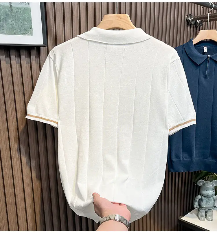 Men's White Kitted Polo Shirt with Zipper Front & Navy Pants — feature 7