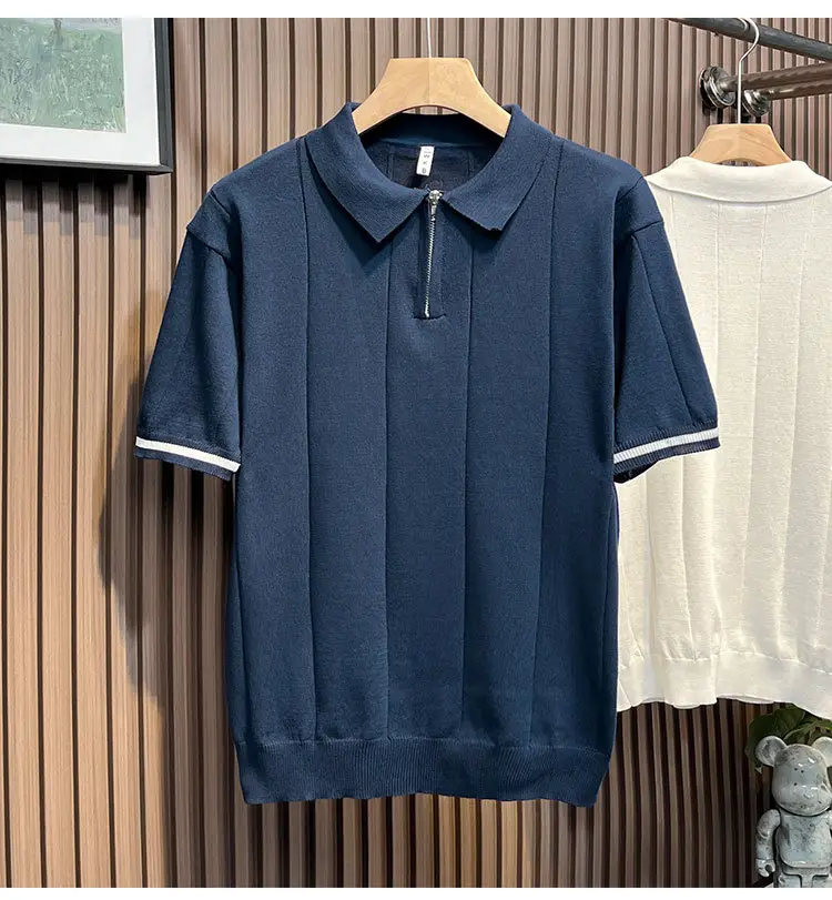 Men's White Kitted Polo Shirt with Zipper Front & Navy Pants — feature 8
