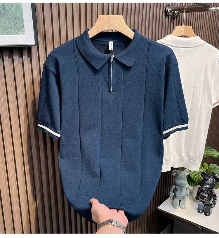Men's White Kitted Polo Shirt with Zipper Front & Navy Pants — feature 9