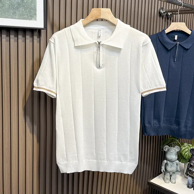 Men's White Kitted Polo Shirt with Zipper Front & Navy Pants - Image 2