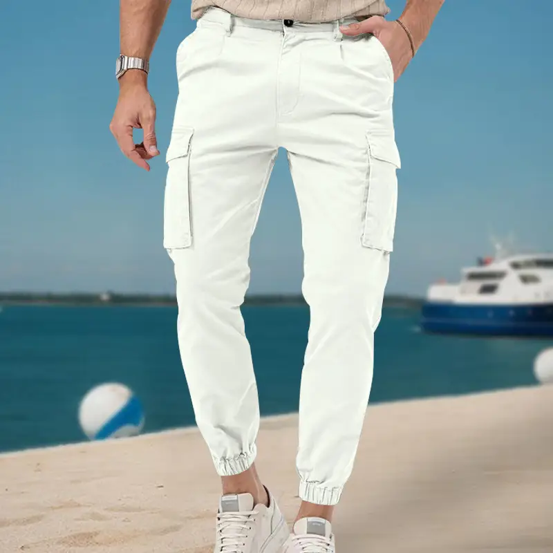 Men's White Multi-Pocket Cargo Pants with Joker Toe - Image 7