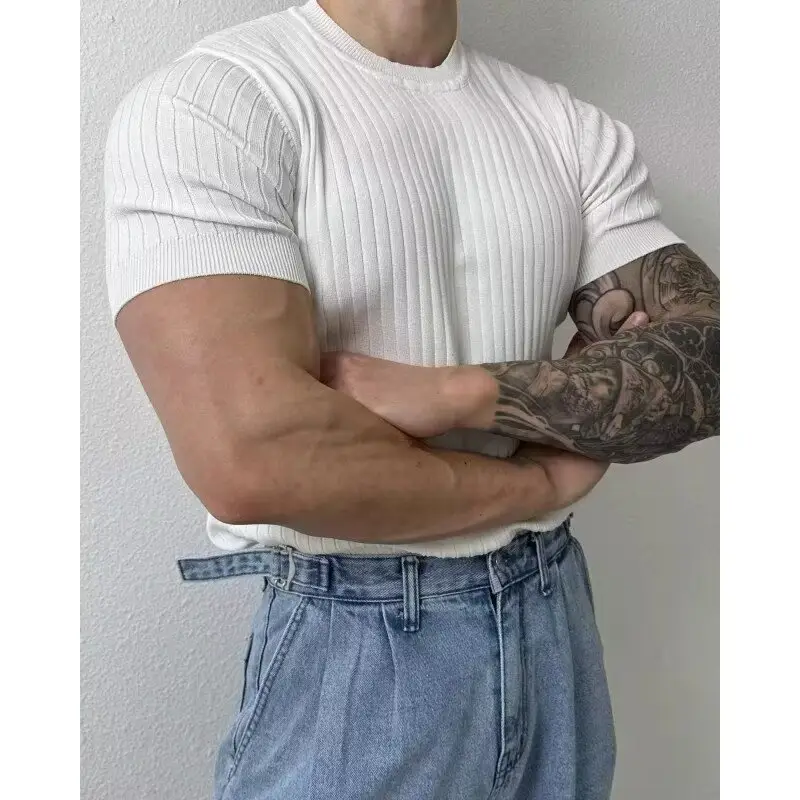 Men Slim Fit Black Ribbed T-Shirt Short Sleeve - Image 7