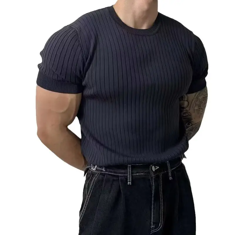 Men Slim Fit Black Ribbed T-Shirt Short Sleeve - Image 8
