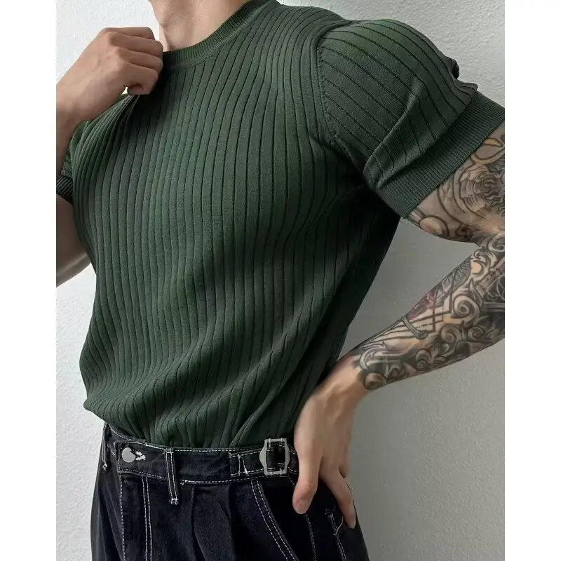 Men Slim Fit Black Ribbed T-Shirt Short Sleeve — feature 1