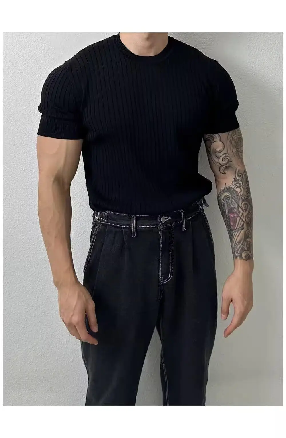 Men Slim Fit Black Ribbed T-Shirt Short Sleeve — feature 11