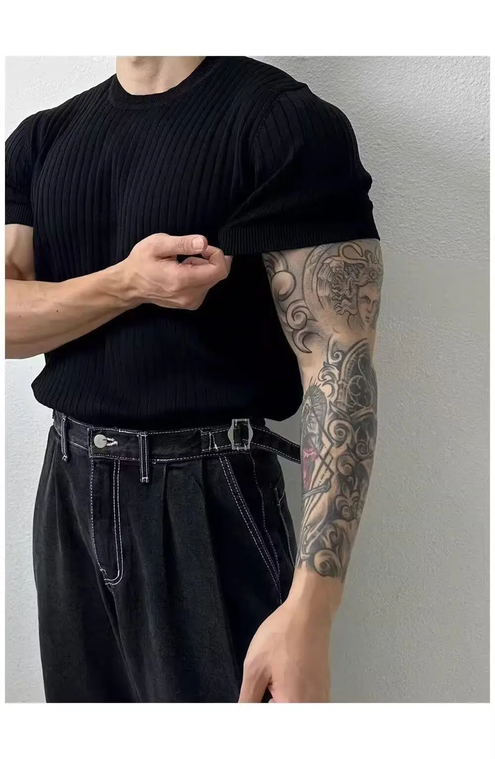 Men Slim Fit Black Ribbed T-Shirt Short Sleeve — feature 12