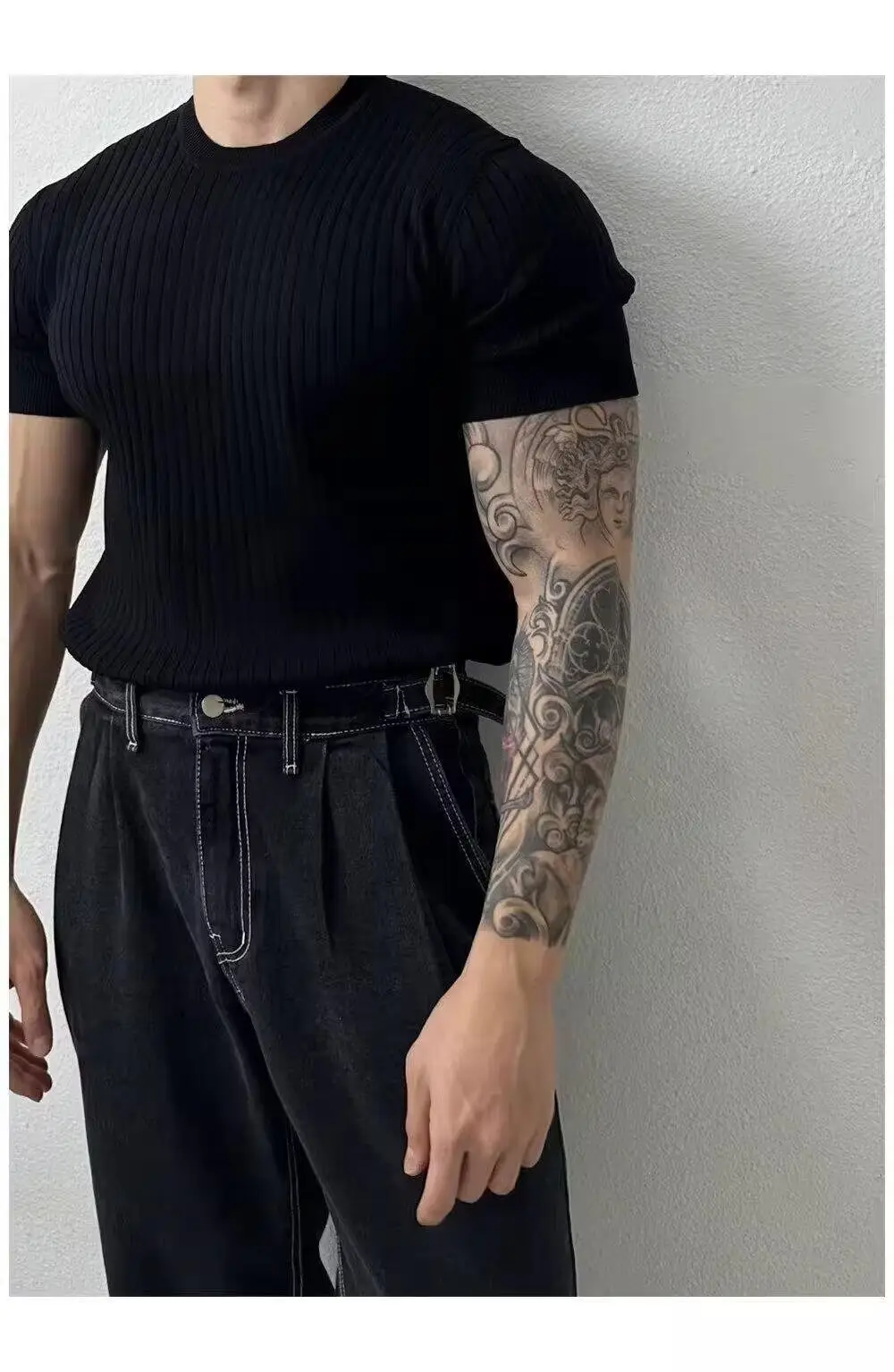 Men Slim Fit Black Ribbed T-Shirt Short Sleeve — feature 13