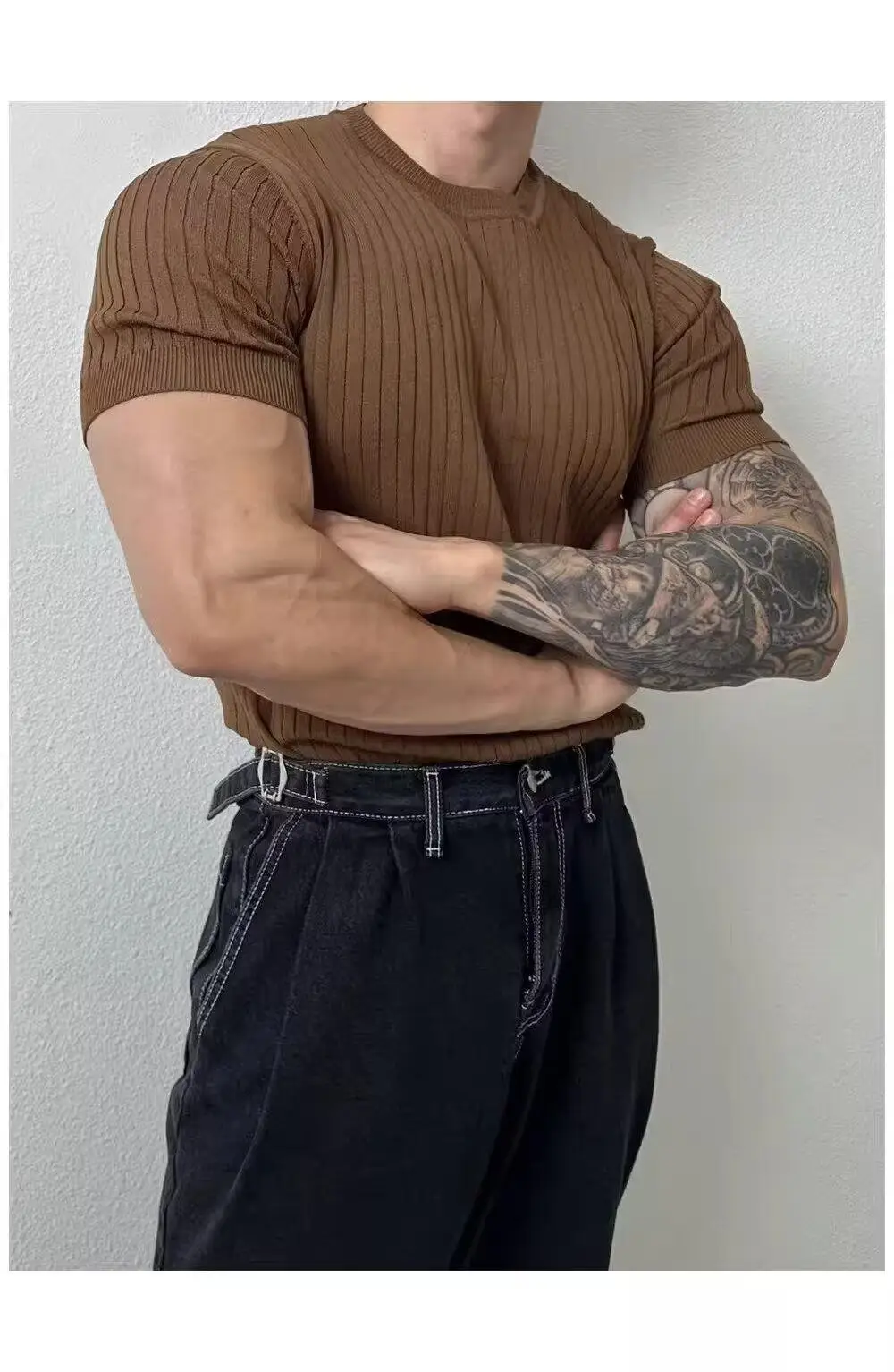 Men Slim Fit Black Ribbed T-Shirt Short Sleeve — feature 15