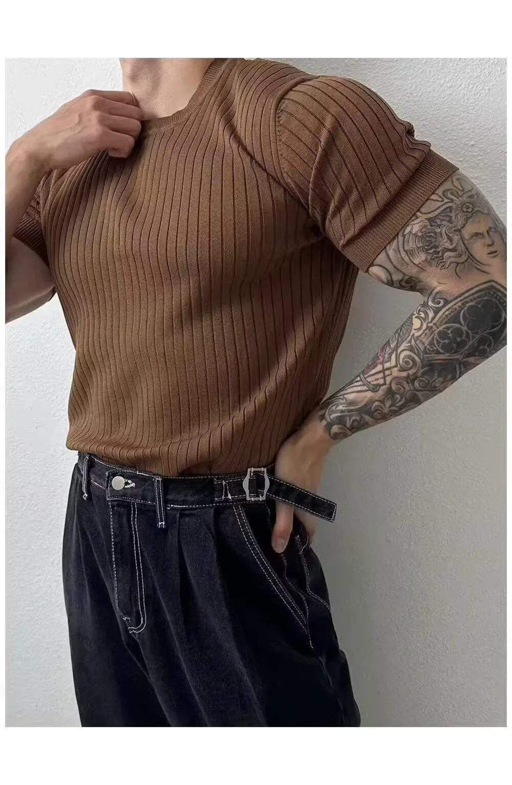 Men Slim Fit Black Ribbed T-Shirt Short Sleeve — feature 18