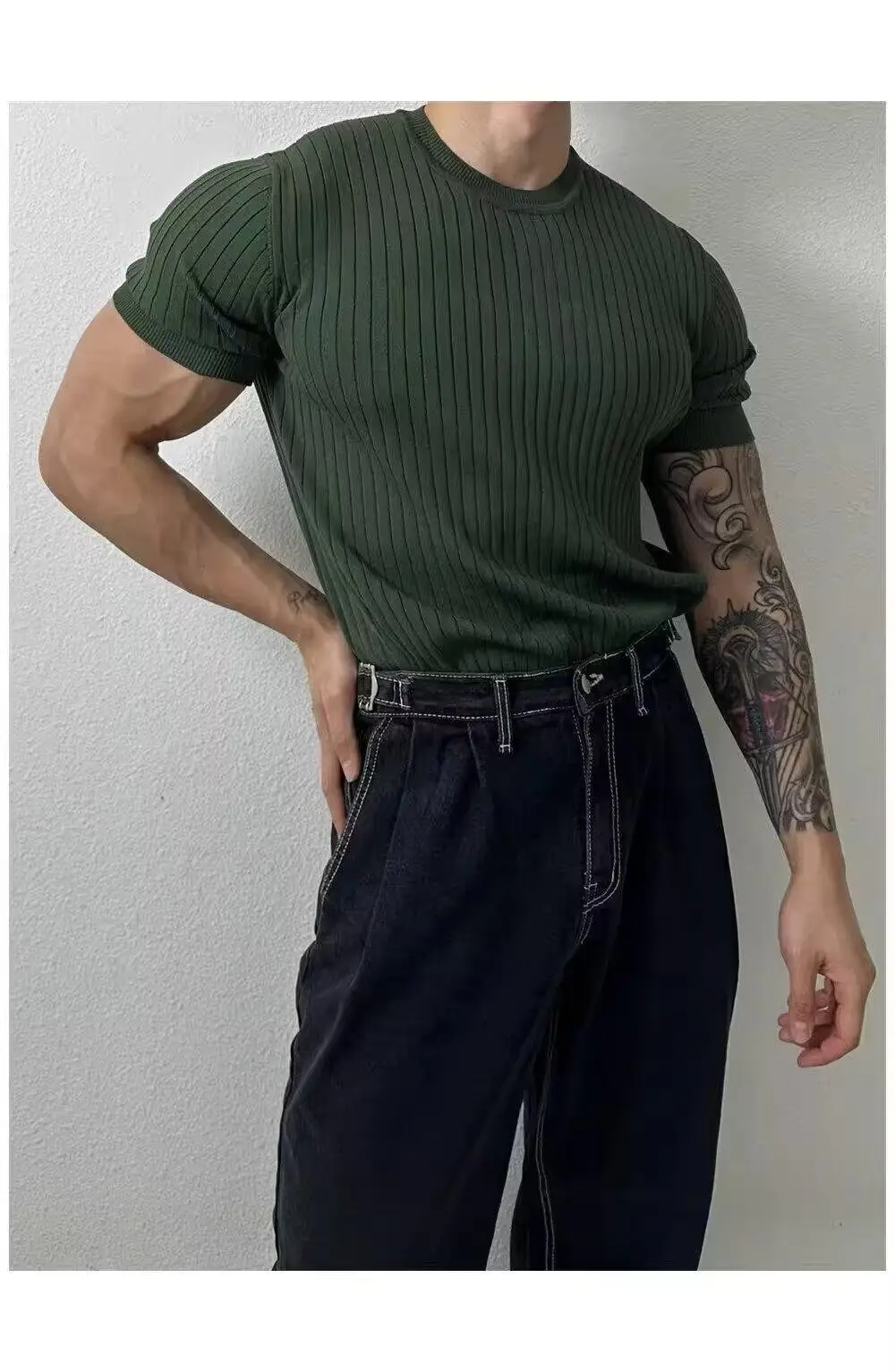 Men Slim Fit Black Ribbed T-Shirt Short Sleeve — feature 20