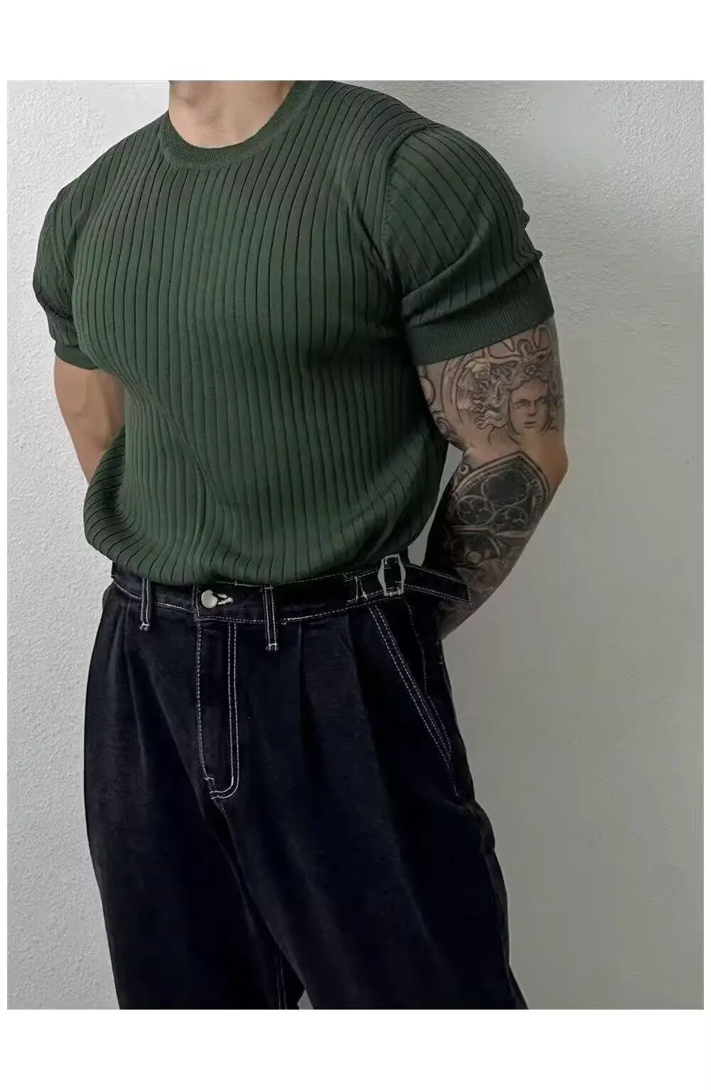 Men Slim Fit Black Ribbed T-Shirt Short Sleeve — feature 21