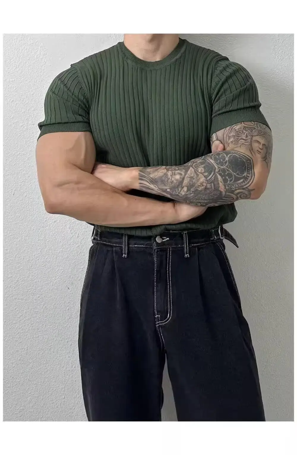 Men Slim Fit Black Ribbed T-Shirt Short Sleeve — feature 22
