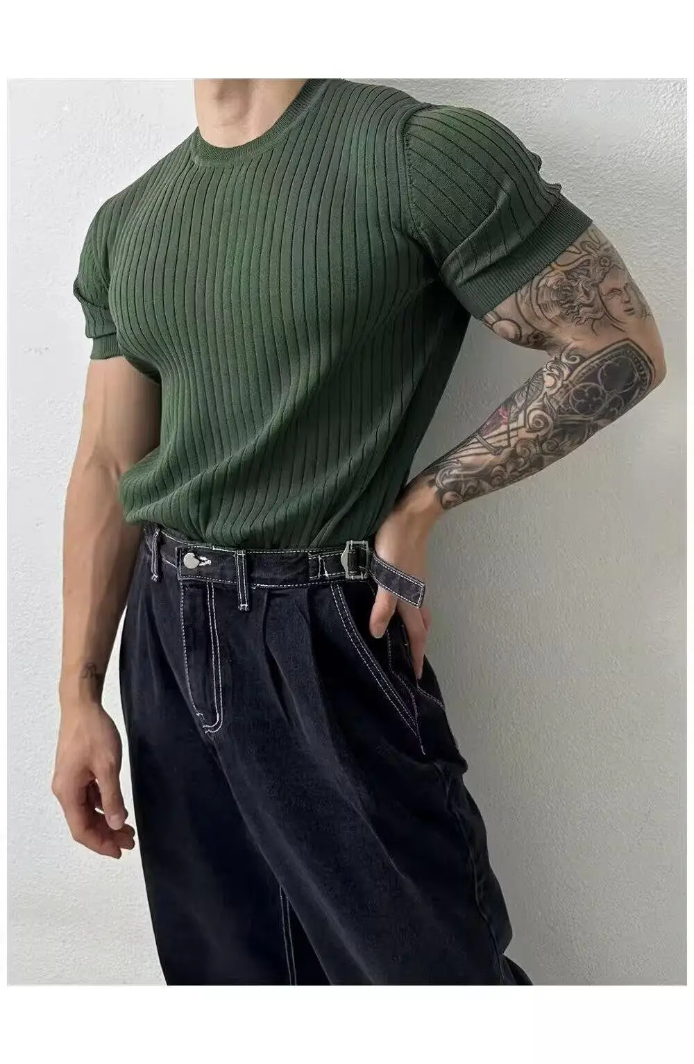 Men Slim Fit Black Ribbed T-Shirt Short Sleeve — feature 23