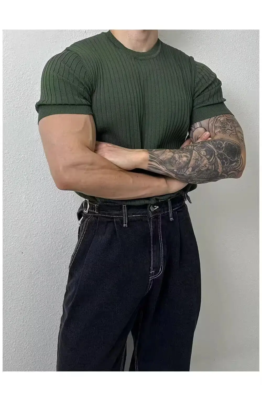 Men Slim Fit Black Ribbed T-Shirt Short Sleeve — feature 24