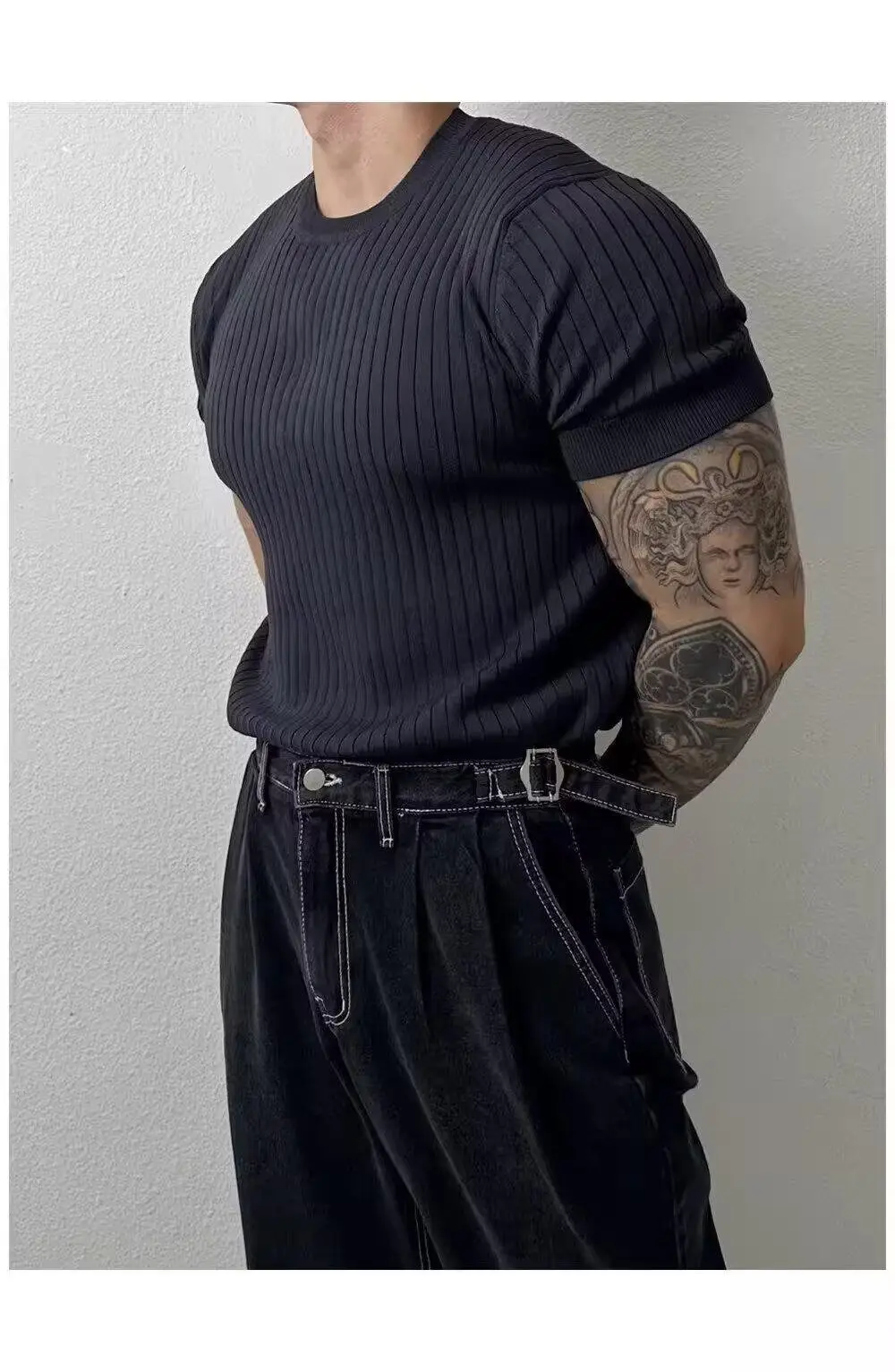 Men Slim Fit Black Ribbed T-Shirt Short Sleeve — feature 3