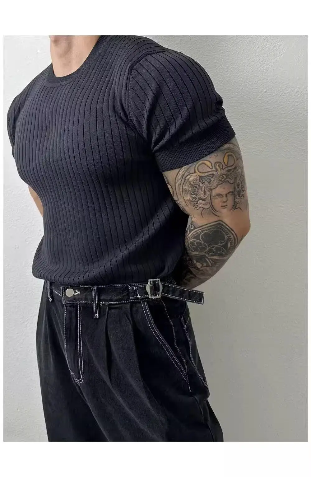 Men Slim Fit Black Ribbed T-Shirt Short Sleeve — feature 4