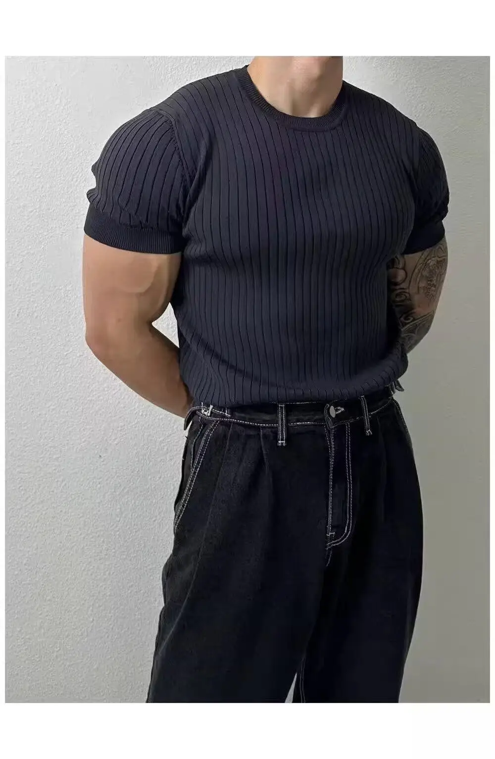 Men Slim Fit Black Ribbed T-Shirt Short Sleeve — feature 5