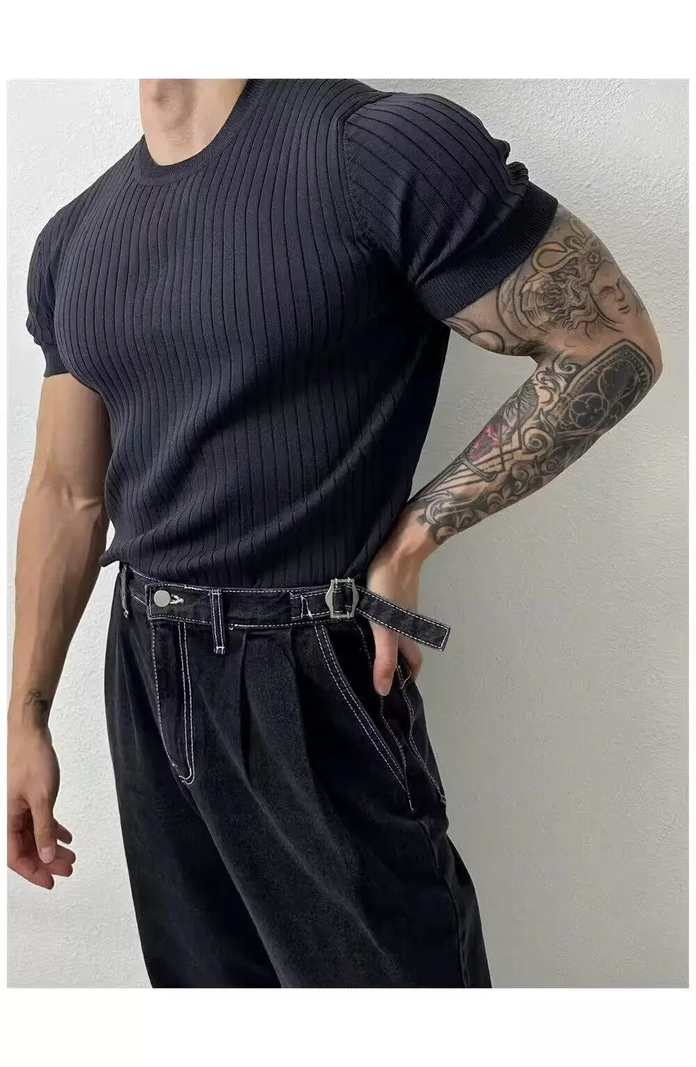 Men Slim Fit Black Ribbed T-Shirt Short Sleeve — feature 6