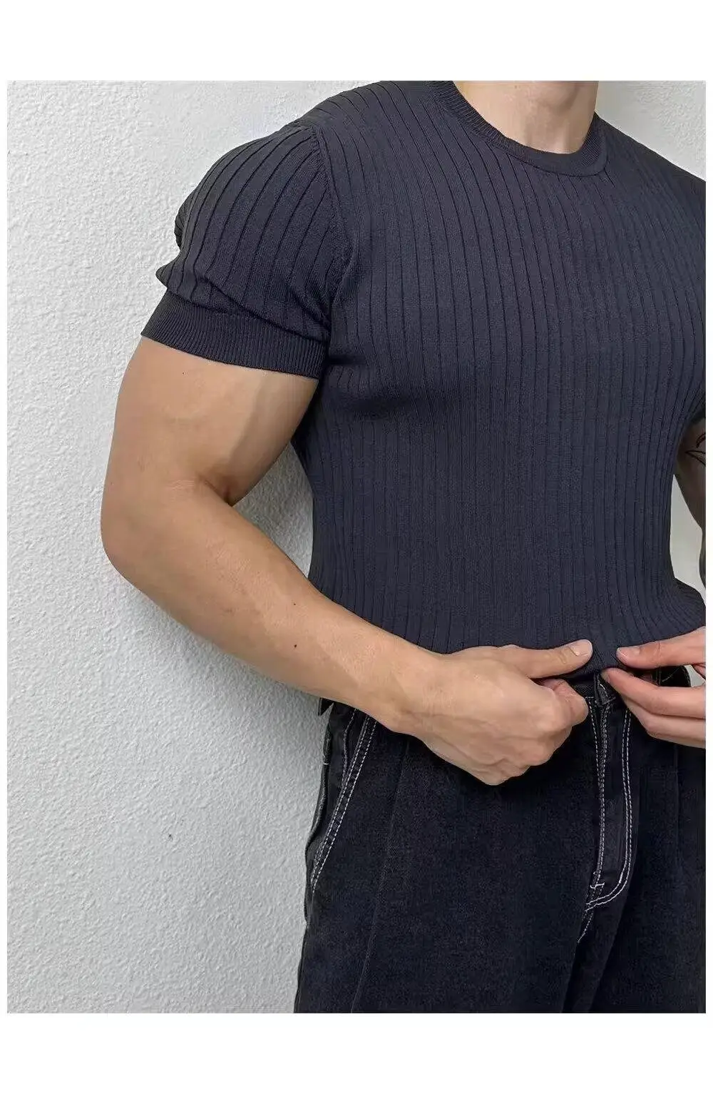Men Slim Fit Black Ribbed T-Shirt Short Sleeve — feature 8