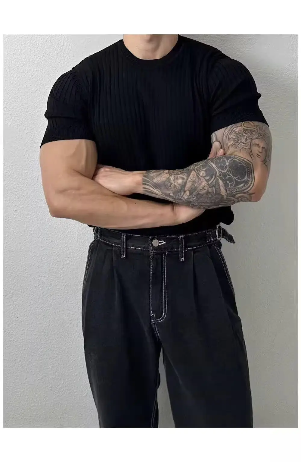 Men Slim Fit Black Ribbed T-Shirt Short Sleeve — feature 9