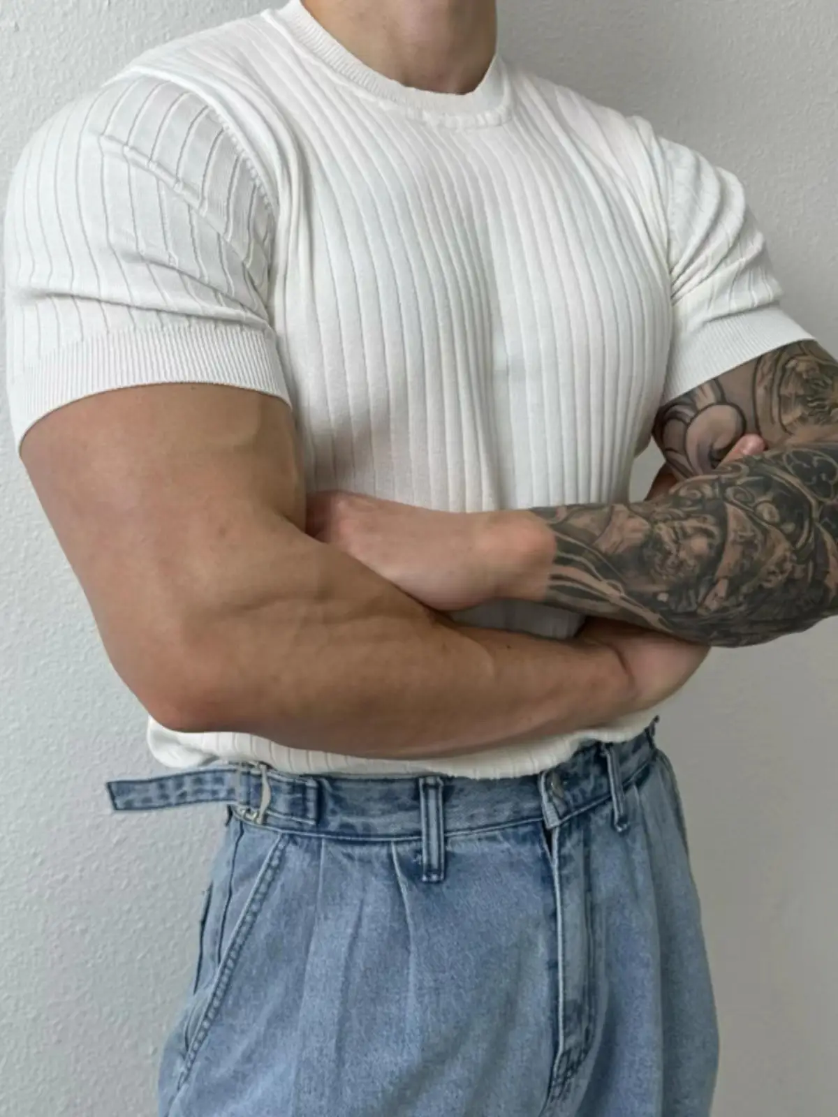 Men Slim Fit Black Ribbed T-Shirt Short Sleeve - Image 4