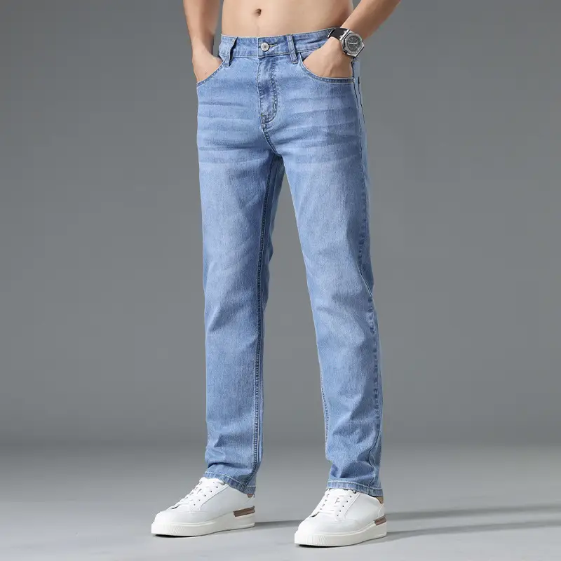Men's Thin Blue Slim Fit Jeans Straight Cut Stretch - Image 25