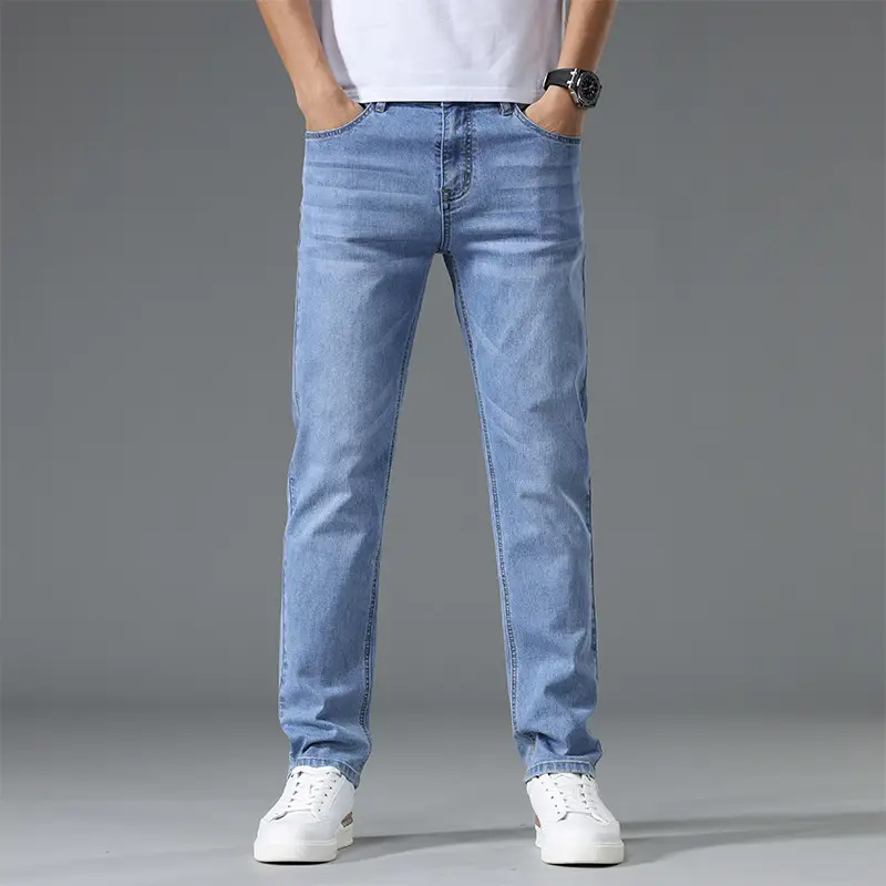 Men's Thin Blue Slim Fit Jeans Straight Cut Stretch - Image 26