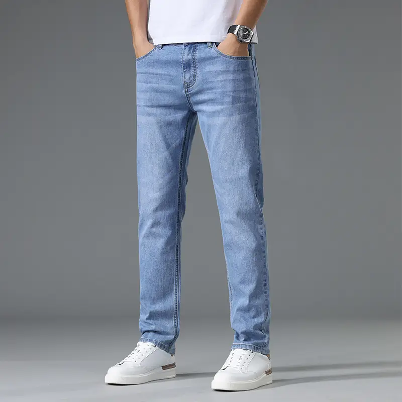 Men's Thin Blue Slim Fit Jeans Straight Cut Stretch - Image 27