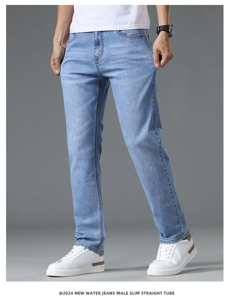 Men's Thin Blue Slim Fit Jeans Straight Cut Stretch — feature 13