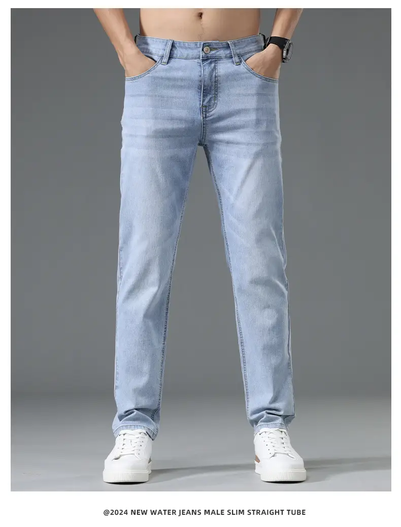 Men's Thin Blue Slim Fit Jeans Straight Cut Stretch — feature 14