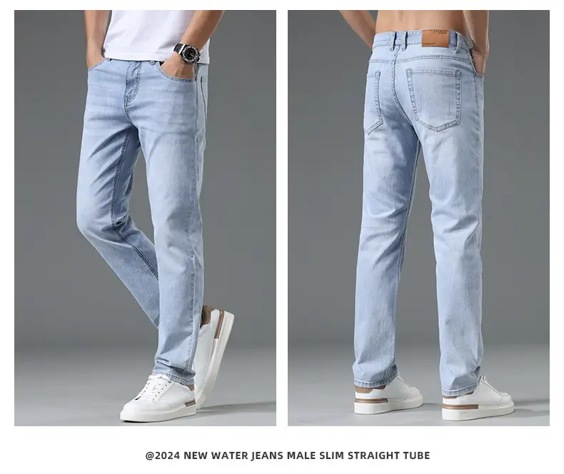 Men's Thin Blue Slim Fit Jeans Straight Cut Stretch — feature 15