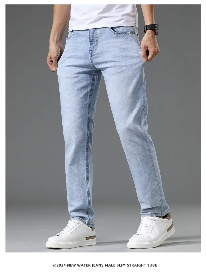 Men's Thin Blue Slim Fit Jeans Straight Cut Stretch — feature 16