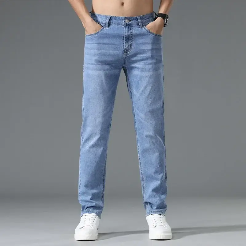 Men's Thin Blue Slim Fit Jeans Straight Cut Stretch - Image 14