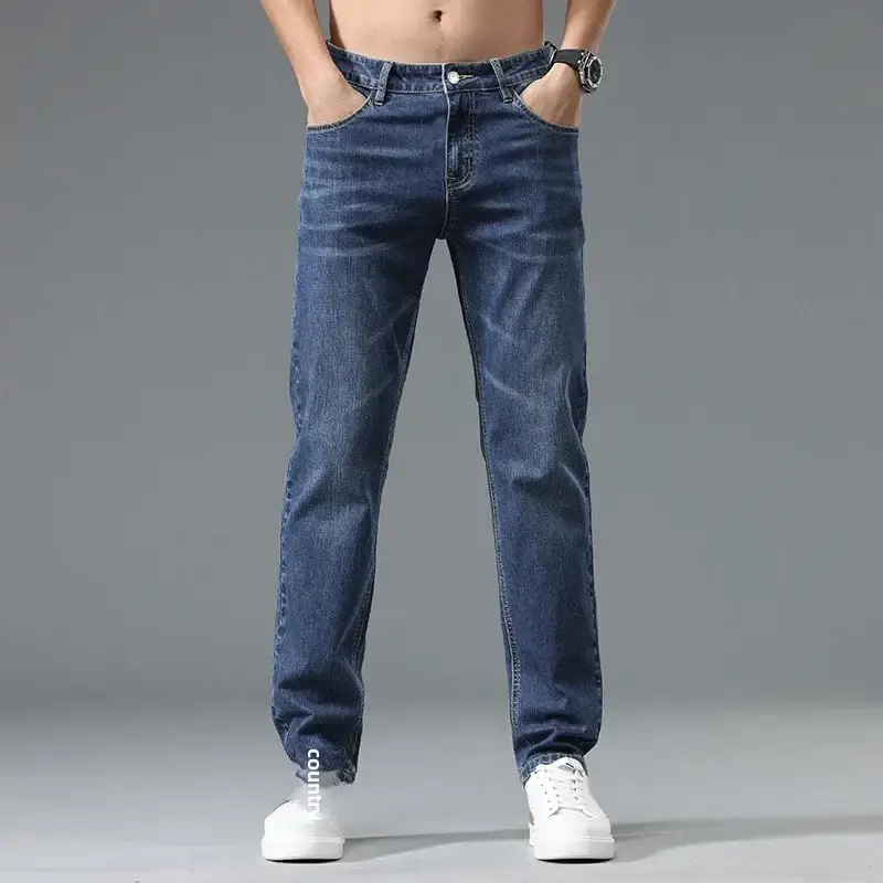 Men's Thin Blue Slim Fit Jeans Straight Cut Stretch - Image 23