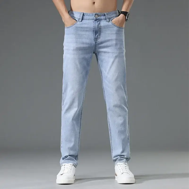 Men's Thin Blue Slim Fit Jeans Straight Cut Stretch - Image 3