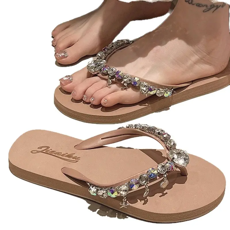 Ins New Summer Style Rhinestone Pendant Flip-Flops for Women to Wear Outside, Beach Slippers, Beach Vacation Flat Sandals - Image 8