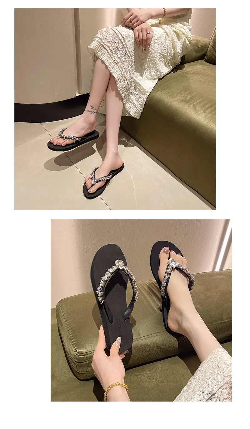Ins New Summer Style Rhinestone Pendant Flip-Flops for Women to Wear Outside, Beach Slippers, Beach Vacation Flat Sandals — feature 10