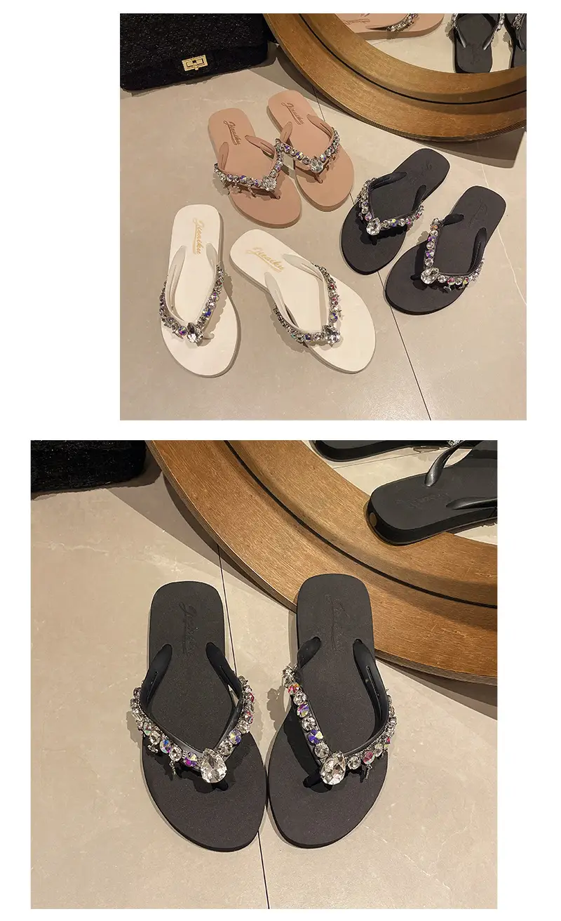 Ins New Summer Style Rhinestone Pendant Flip-Flops for Women to Wear Outside, Beach Slippers, Beach Vacation Flat Sandals — feature 15