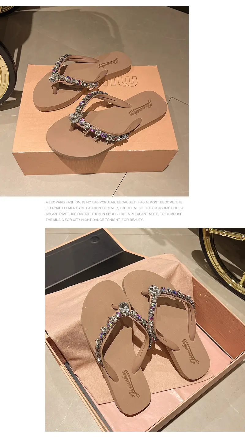 Ins New Summer Style Rhinestone Pendant Flip-Flops for Women to Wear Outside, Beach Slippers, Beach Vacation Flat Sandals — feature 17
