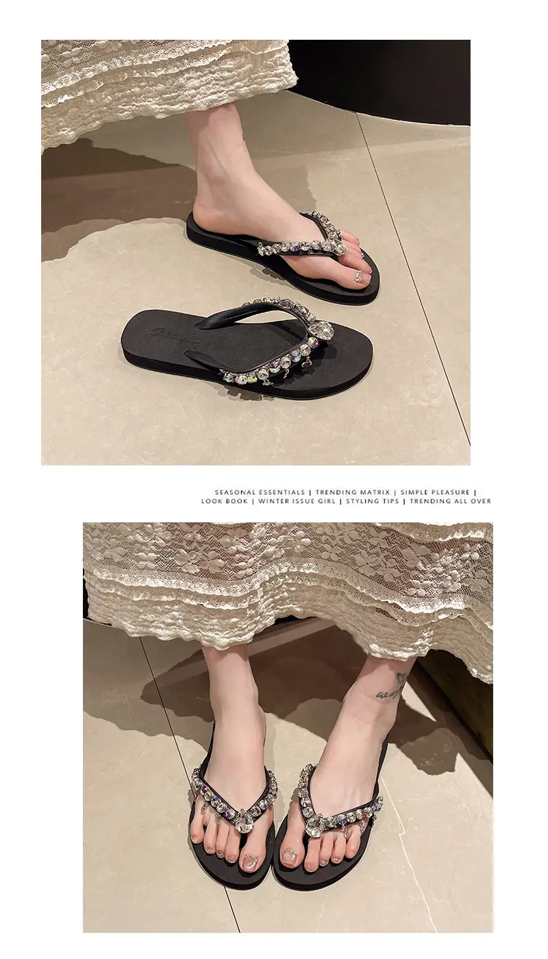 Ins New Summer Style Rhinestone Pendant Flip-Flops for Women to Wear Outside, Beach Slippers, Beach Vacation Flat Sandals — feature 9