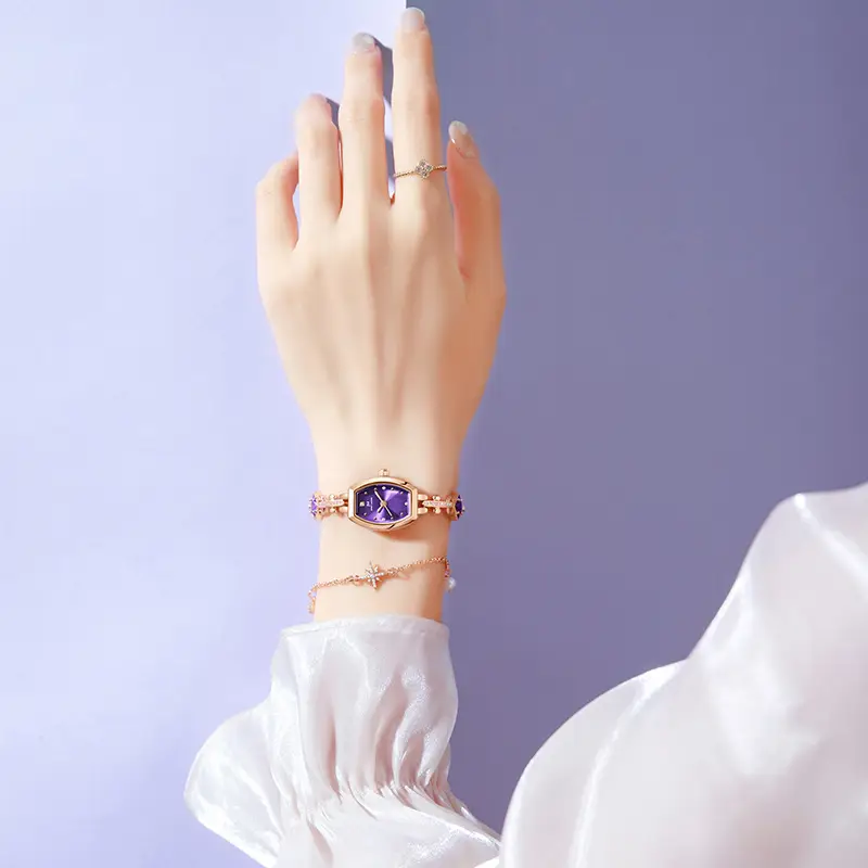 Elegant Purple Diamond Women's Quartz Watch with Gold Plated Strap - Image 3