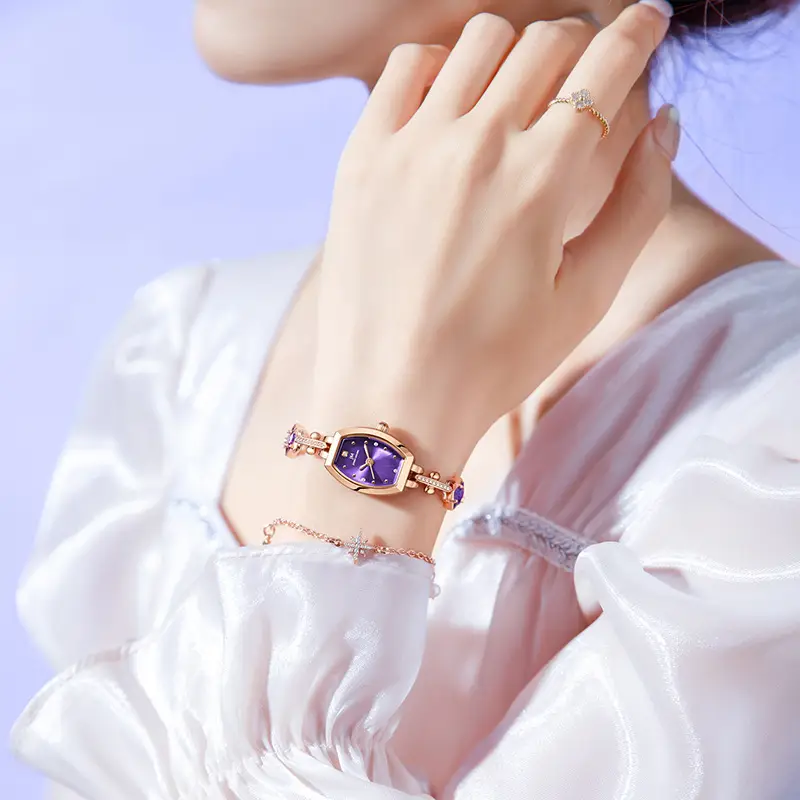 Elegant Purple Diamond Women's Quartz Watch with Gold Plated Strap - Image 4