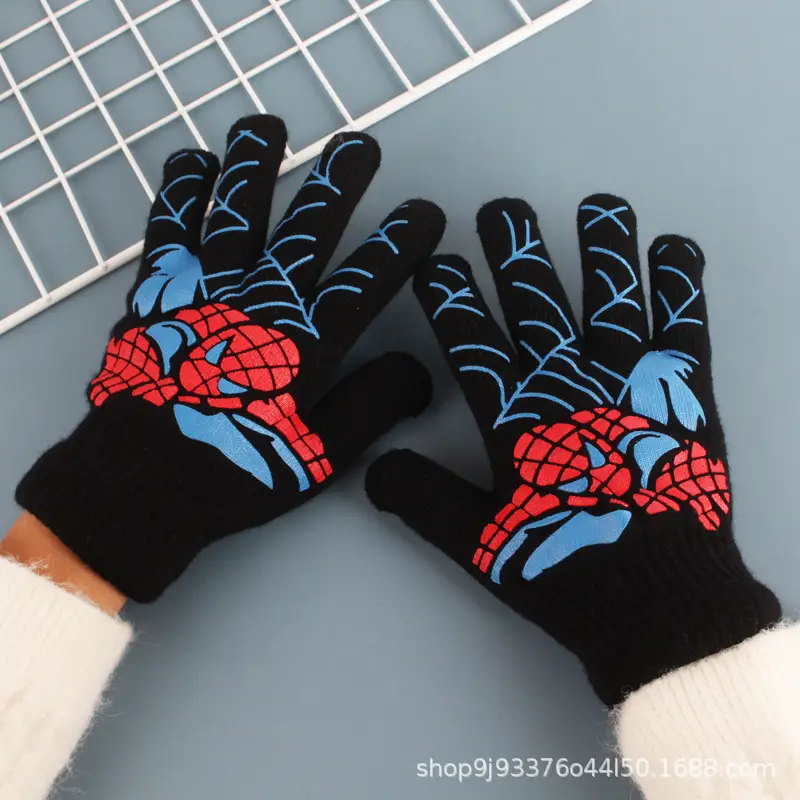 Children's Gloves Winter Warm Double Layer Boys' Cartoon Sub-finger Half-finger Baby Five-finger Writing Two-piece Set Anti-freezing Hand