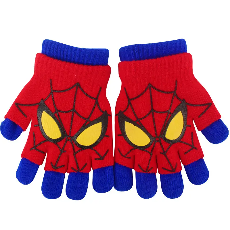 Children's Gloves Winter Warm Double Layer Boys' Cartoon Sub-finger Half-finger Baby Five-finger Writing Two-piece Set Anti-freezing Hand