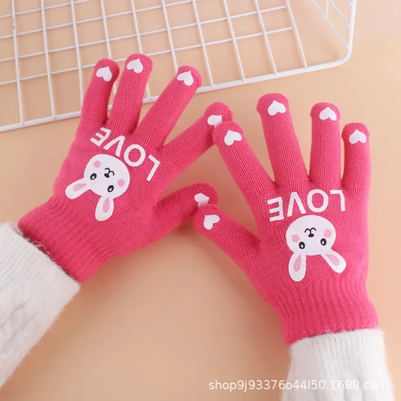 Children's Gloves Winter Warm Double Layer Boys' Cartoon Sub-finger Half-finger Baby Five-finger Writing Two-piece Set Anti-freezing Hand