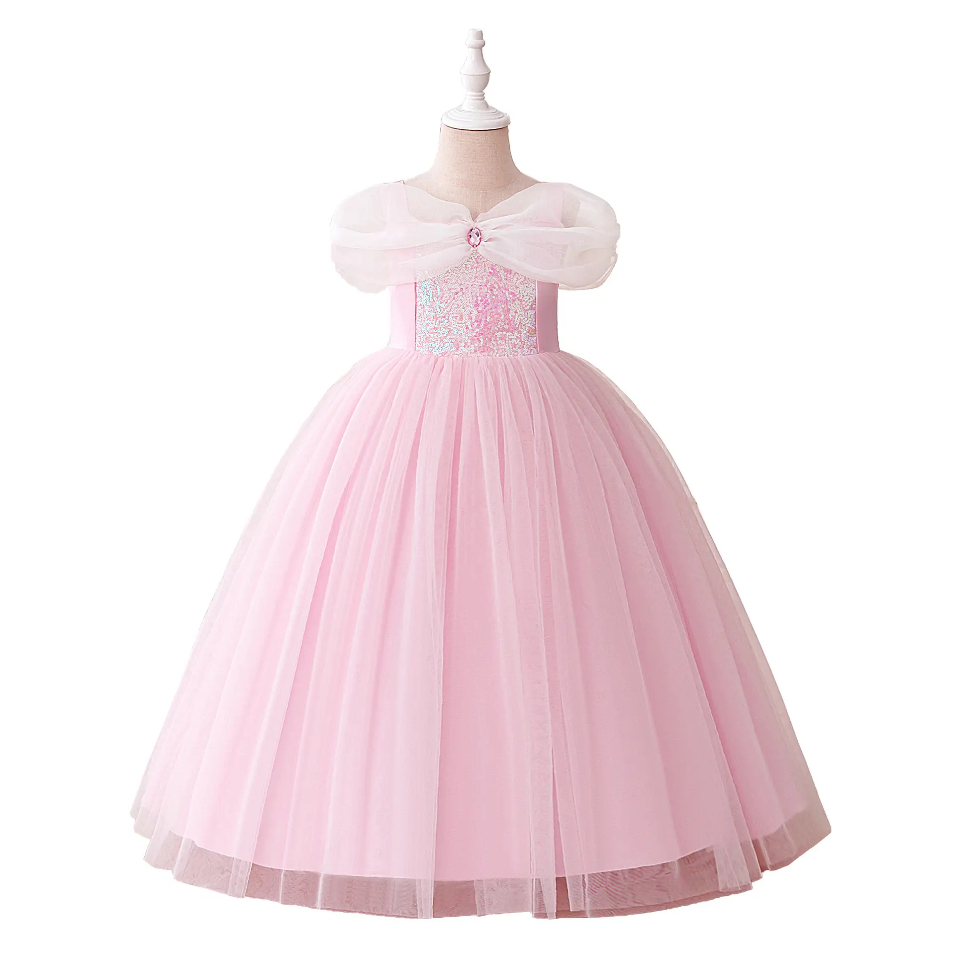 Pink Mesh Princess Dress Long Sleeve Bow - Image 2