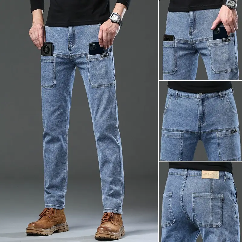 Men's Blue Slim Fit Six-Pocket Jeans Stretch Thin