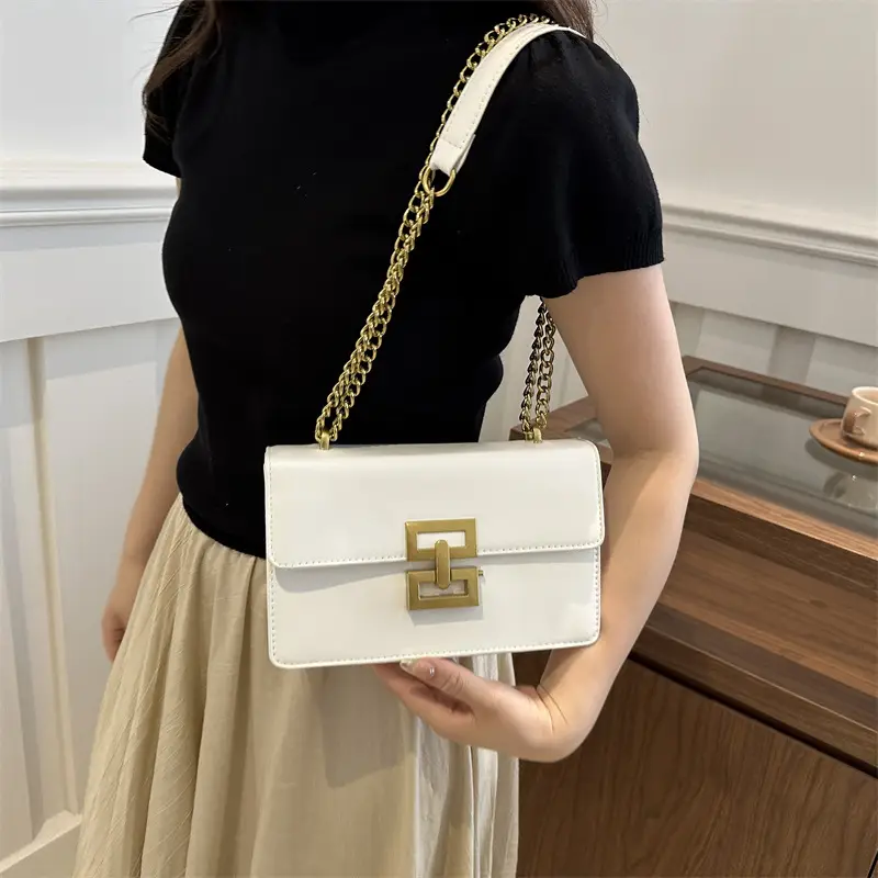 White Leather Chain Shoulder Bag with Lock Clasp - Image 6