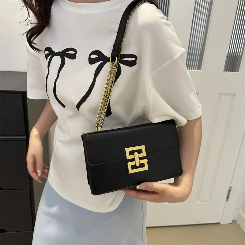 White Leather Chain Shoulder Bag with Lock Clasp - Image 8